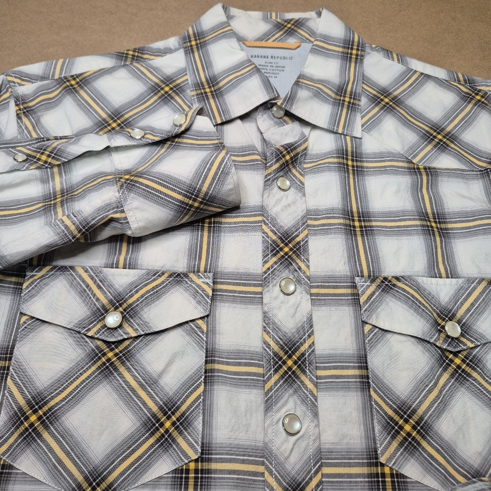 Banana Republic Men's White, Gray and Yellow Plaid Pearl Snap Shirt 1754/425